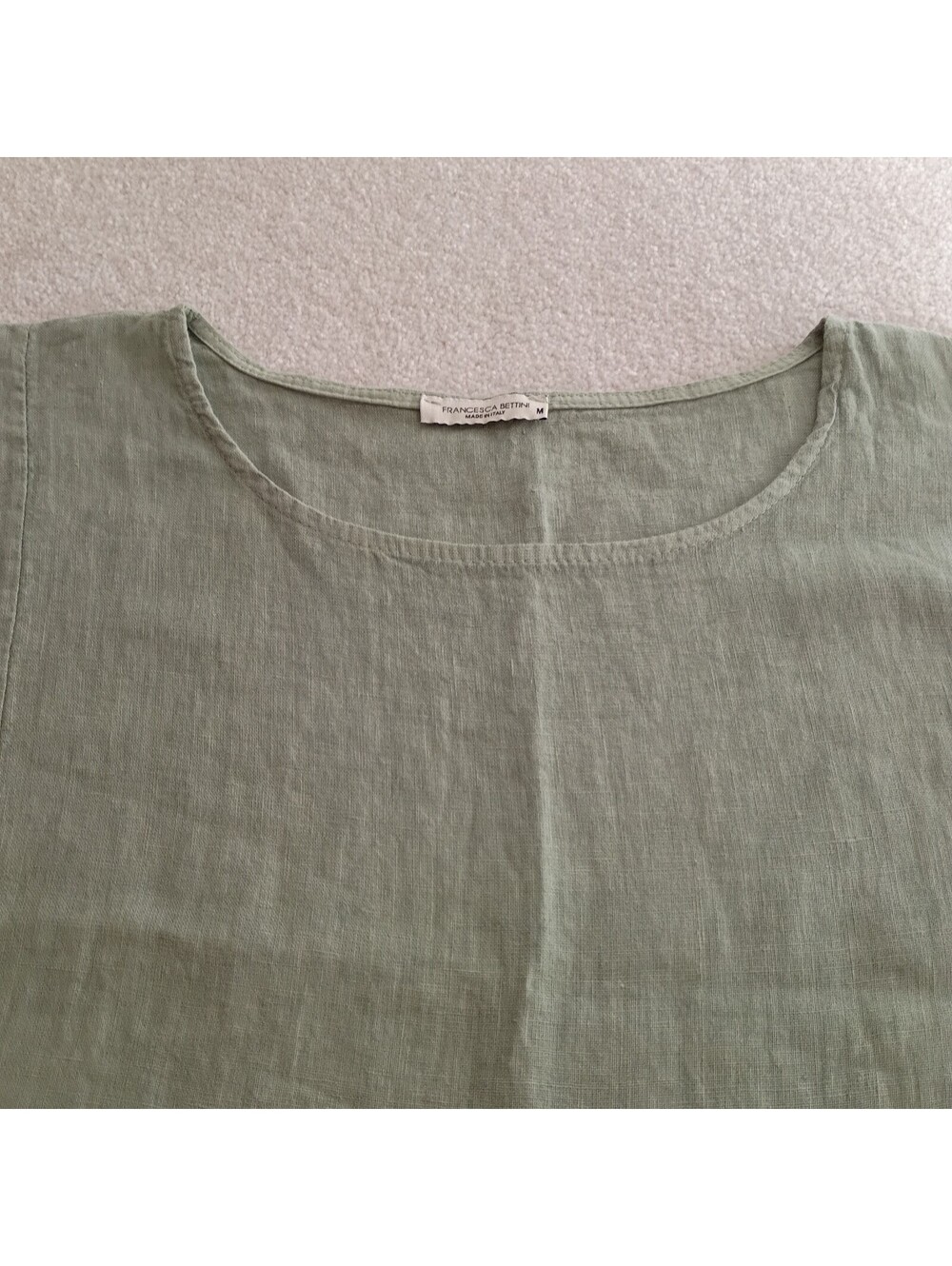 Francesca Bettini 100% Linen Top M Sage Green Short Sleeve Pocket Made in Italy - Picture 6 of 9
